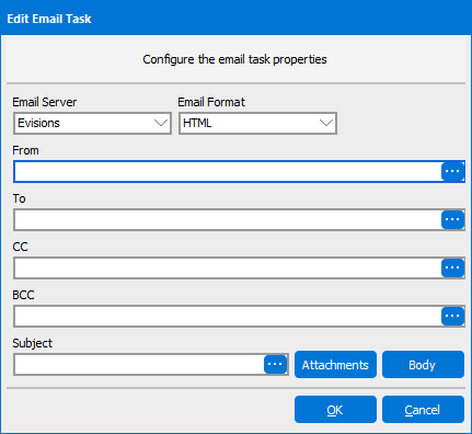 The Edit Email Task dialog box in its default state.